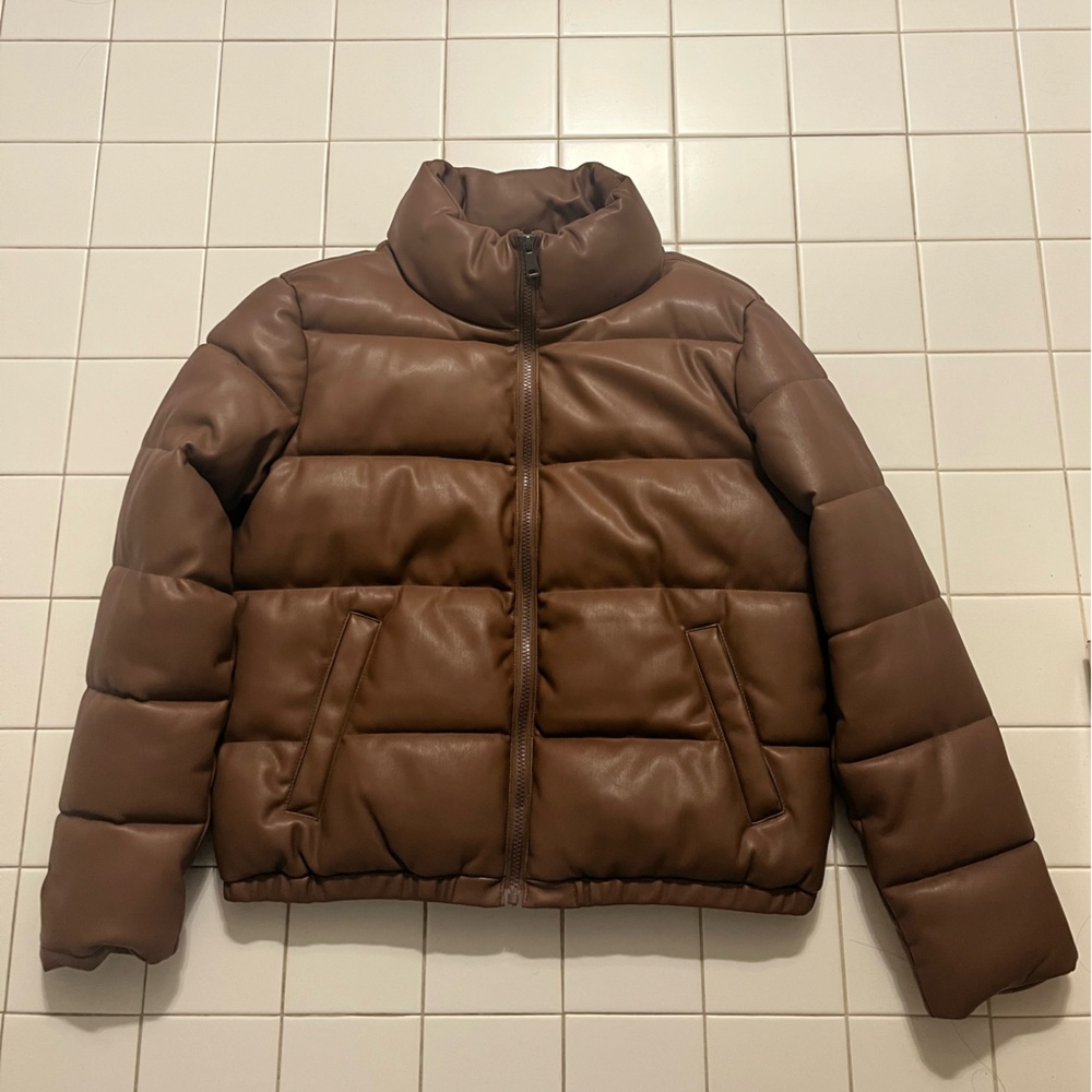 Brown Leather Puffer Jacket